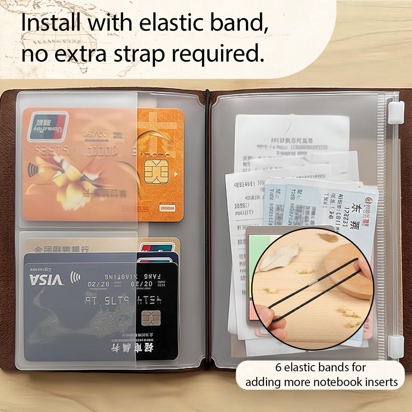 Travelers Notebook Accessories Kit - Kraft File Folders, PVC Zipper Pouches, Pen Holders, Binder Clips, Elastic Bands for Travel Journal Organizer(2 Pack,Passport Size)