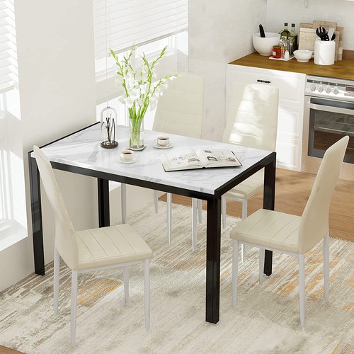 AWQM 5 Piece Dining Room Table and Chairs Set,Rectangular Table and 4 PU Leather Chairs,Faux Marble Dining Table Set for 4,Perfect for Kitchen,Living Room,Dining Room,White&Beige