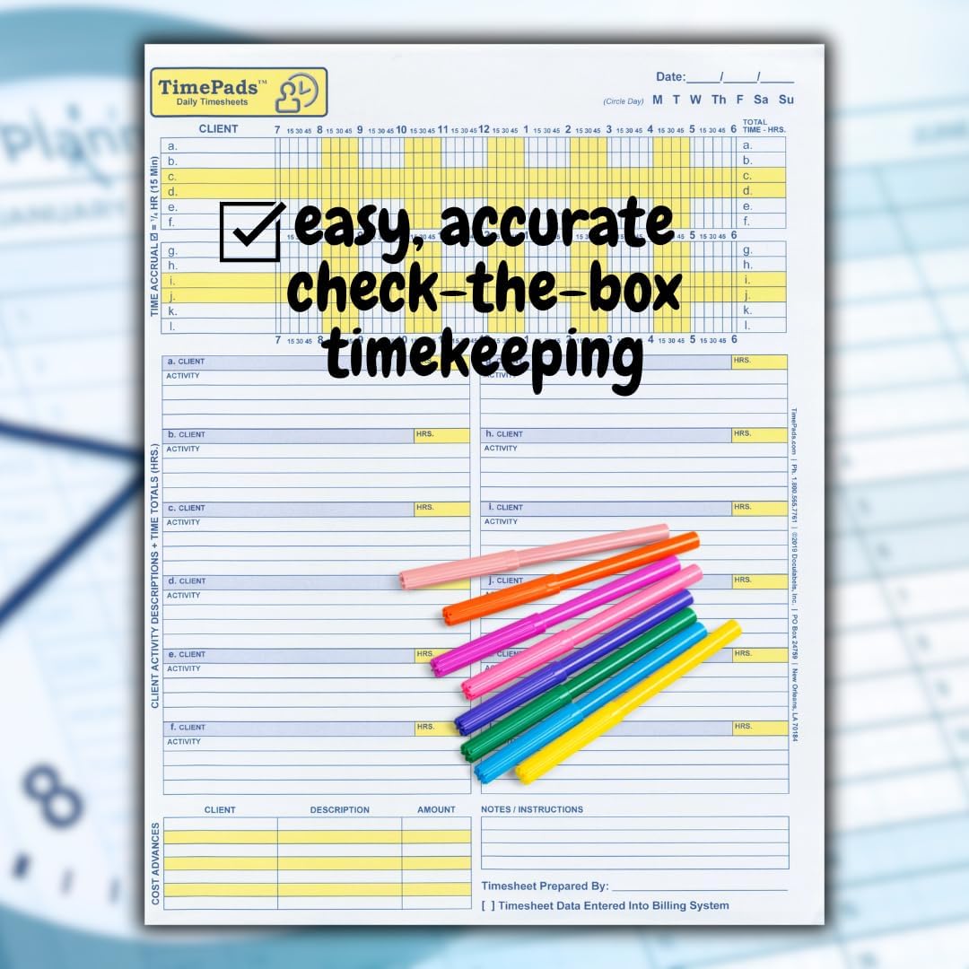 "Check-The-Box" Time Sheets for Lawyers. Effortless Timekeeping for Attorneys. (Pad of 50 Time Sheets). 8.5x11". Made in USA.