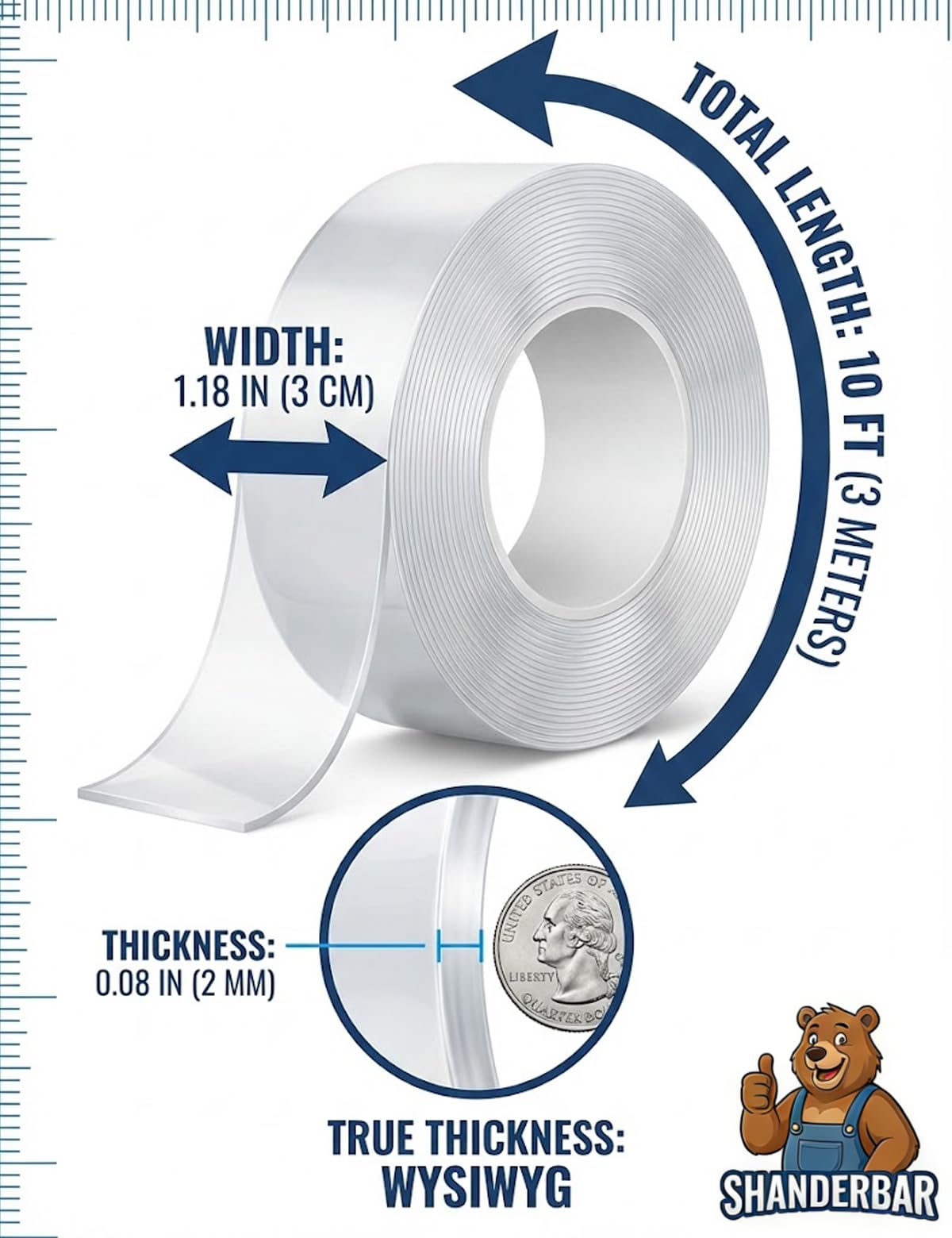 SHANDERBAR Nano Double Sided Tape Heavy Duty - 9.8ft Removable Clear Mounting Tape for Walls, Carpet, Rug & DIY – Strong Two Sided Adhesive Tape – No Residue, Washable, Traceless