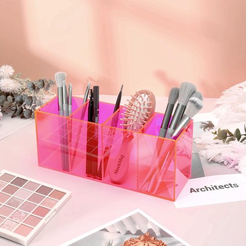 HappyDino Pen Holder for Desk Neon Acrylic Pencil Holder Cup Makeup Brush Storage Organizer for Vanity, Neon Pink