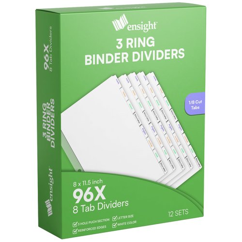 Ensight 3 Ring Page Dividers Bulk - 96 Per Box with Decorative Printable Rewritable Tabs