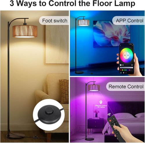 Boho Arc Floor Lamp - Dimmable RGB LED Rattan Design with Remote Control | Stylish Black Tall Lamp for Living Room & Bedroom