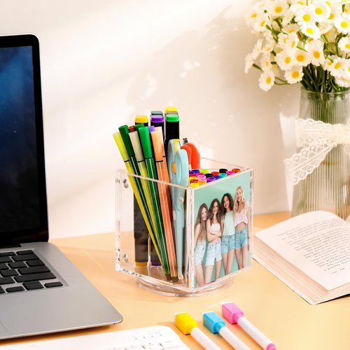 Sherr 4x4 Photo Cube Pen Holder for Desk Picture Frames for Office, Acrylic Rotating Pen Pencil Holder, Holds 4 Photos, Office Desk Tabletop Organizer(for Photos of 4" X 4")