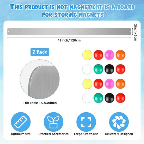 Mooliwe 2 Pcs 48 x 2 Frameless Magnetic Bulletin Board Strip for Wall Stainless Iron Metal Bulletin Bar Board Memo Strip with 16 Magnets 4 Nails 4 Wall Anchors for School Office Home