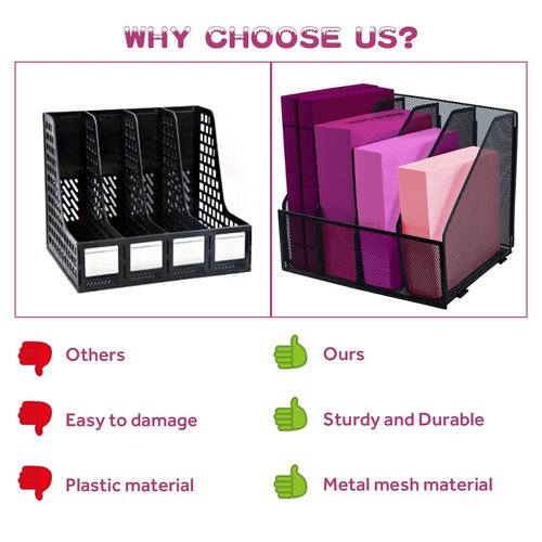 ideallife Desk Organizers, Metal Magazine File Holder with 4 Vertical Compartments Rack Binder File Organizer for Office Supplies, Home Workspace - Black