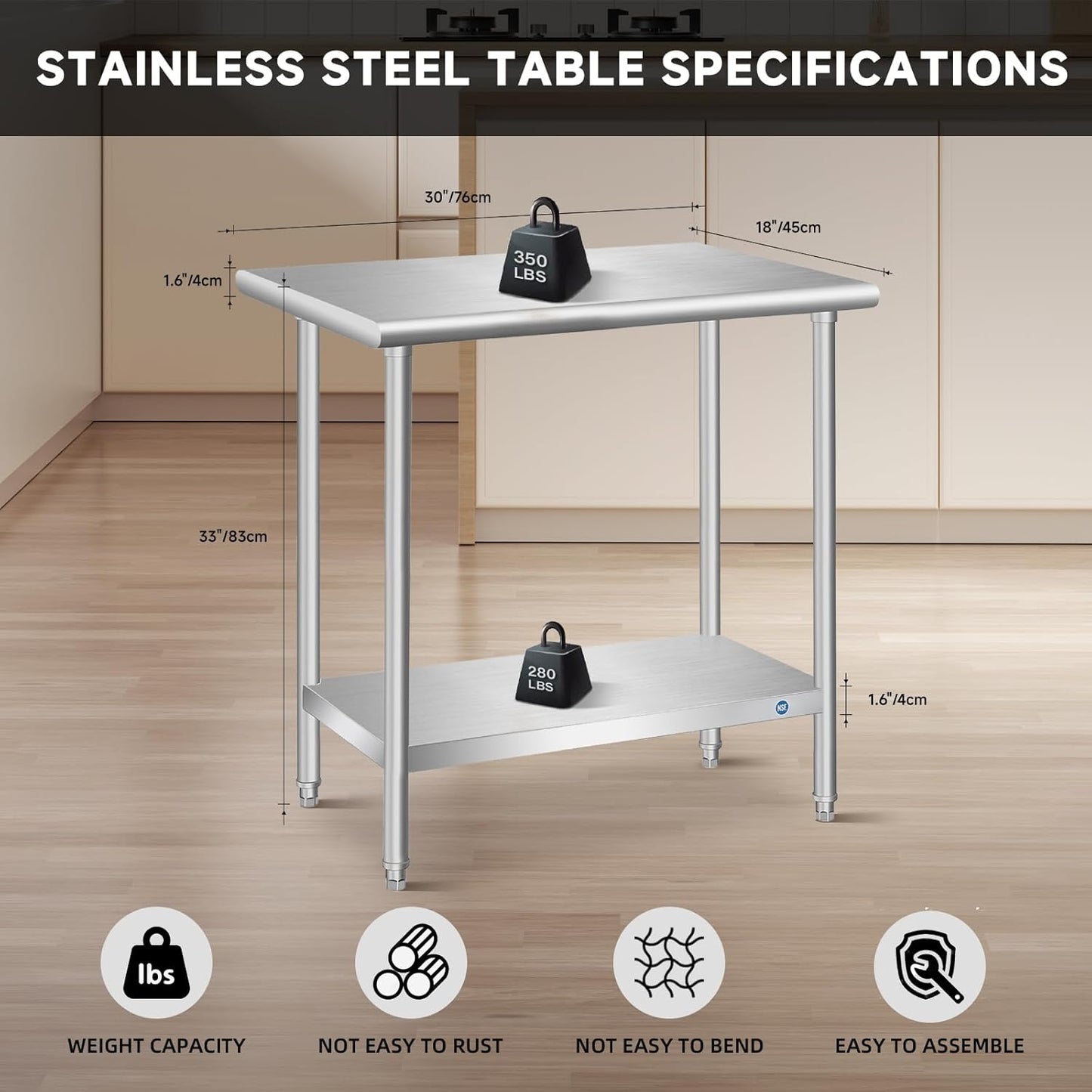 Stainless Steel Table - Commercial Prep & Work Table 30x18x33 Inch for Kitchen, Restaurant, Garage