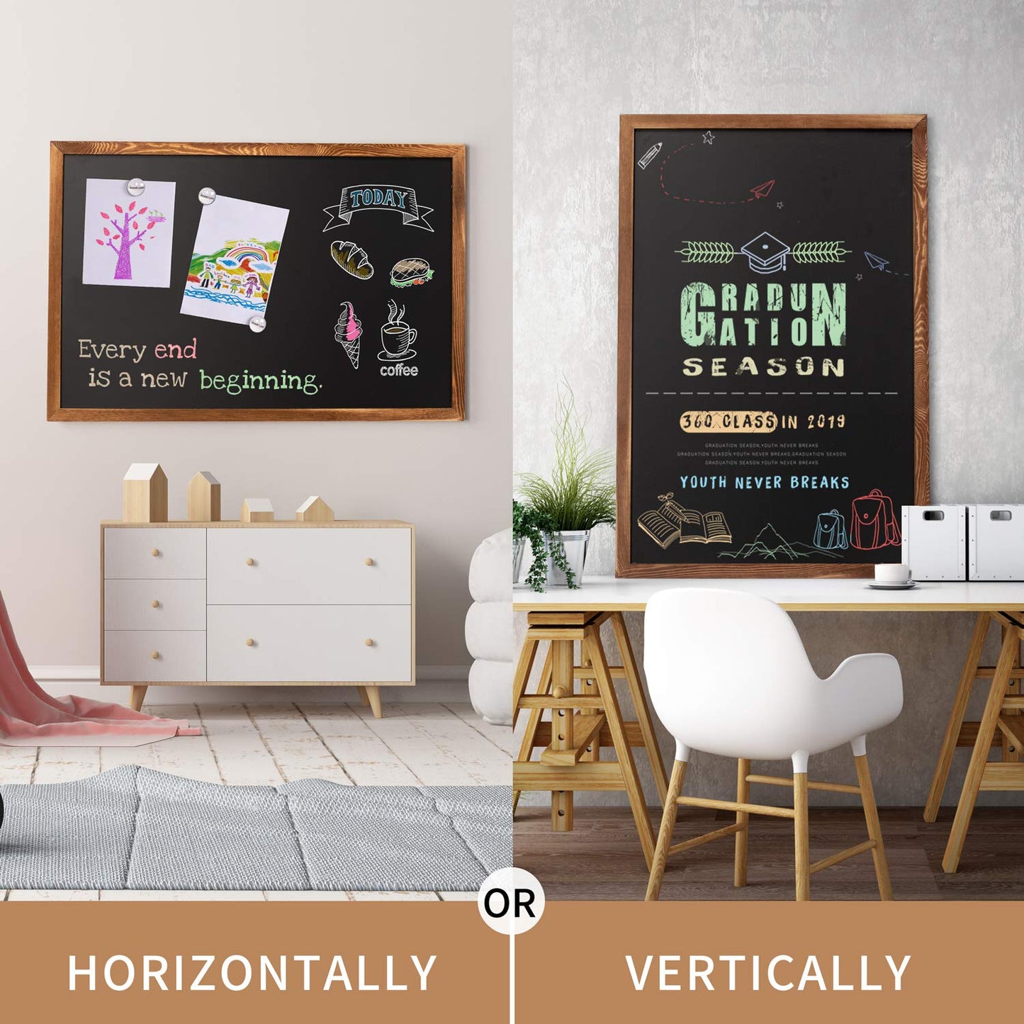 Board2by Magnetic Chalkboard Black Board 48 x 36, Extra Large Chalk Board Blackboard for Wall Decor, Easy-to-Erase Wood Framed Magnet Board, 4 Magnets for School, Home & Office (Rustic Brown)