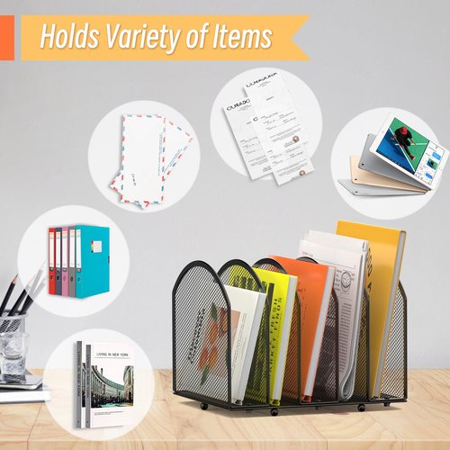 MINDEPOT 5-Section Desk File Organizer, Vertical Desktop File Holder Mail Sorter File Folder Holder Organization for Office School & Classroom (Black - 1Pack)