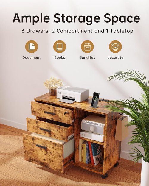 Skiennix 3 Drawer File Cabinet - Home Office Storage with USB Charging Port & Lockable Design