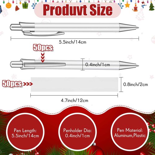 Yexiya 50 Pcs Sublimation Pen Blank Heat Transfer Sublimation Ballpoint Pen with Clip Shrink Wrap White Aluminum Customized Gift Personalized Favor for Christmas DIY Office School Stationery Supplies