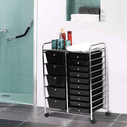 15-Drawer Storage Cart, Mobile Rolling Utility Cart w/Wheels, Multipurpose Organizer Cart for Tools, Scrapbook, Paper, Ideal for Home Office School (Black)