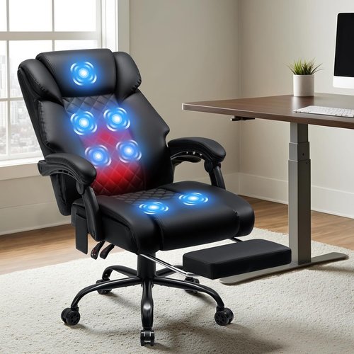 HOFFREE Ergonomic Massage Office Chair - Heated & 7-Point Vibration | Reclining High Back, Footrest, Black