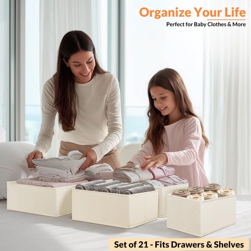 FANS-ONE Drawer Organizer Clothes, 21 Pack Dresser Organizer for Baby Clothes, Underwear, Socks, 3 Sizes Foldable Closet Organization and Storage Bins for Nursery, Bedroom (Beige)