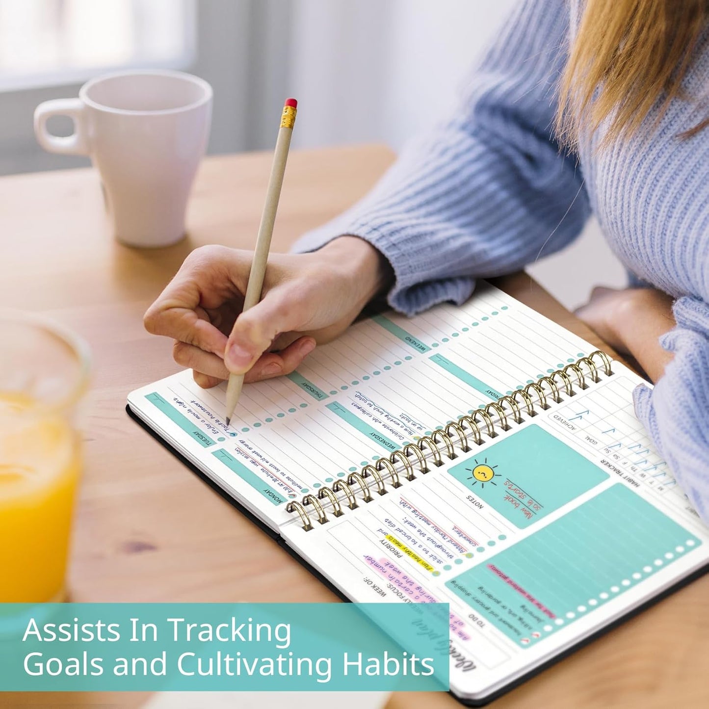 Undated Weekly Planner - A5 Goal & Habit Tracker Notebook with Spiral Binding | 6.1" x 8.2" - Black