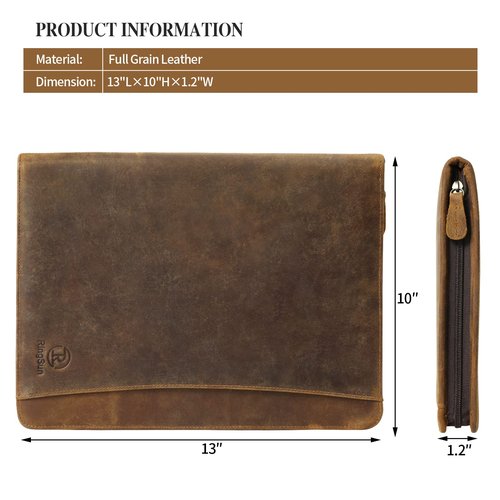 Ringsun Genuine Leather Portfolio with Zipper for Men Women, Padfolio Business Resume A4/Pad, Folder Organizer, Brown, RS01