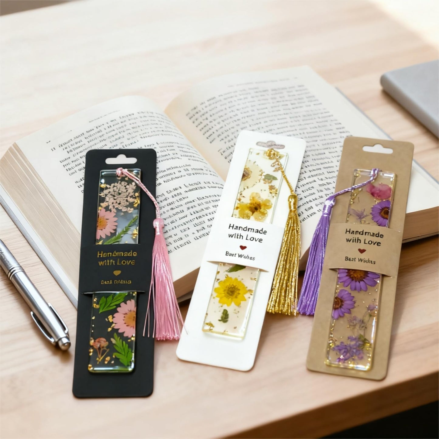 100 Set Bookmark Holder Packaging, Handmade with Love Bookmark Display Cards with Bags Hanging Resin Book Mark Sleeves Small Business Packaging Supplies for Selling Items Package Party Favors (Brown)