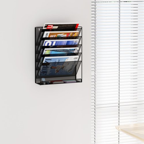 DESKORGA file organizer, TO BE FIXED WITHOUT DRILLING, A4 document holder and office supplies, storage, wall magazine holder, desk storage bannette, desk accessories (Black)
