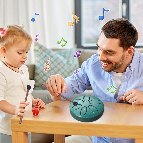 Rain Drum for Outside Garden, 3 Inches 6 Notes Mini Steel Tongue Chakra Chime Waterproof, Educational Musical Toy Instrument (Green)
