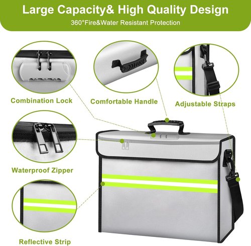 Fireproof Money Bags | 6500°F Fireproof Document Box with Waterproof Zipper & Removable Folder (14.2”x 9.6”x 4.1”)