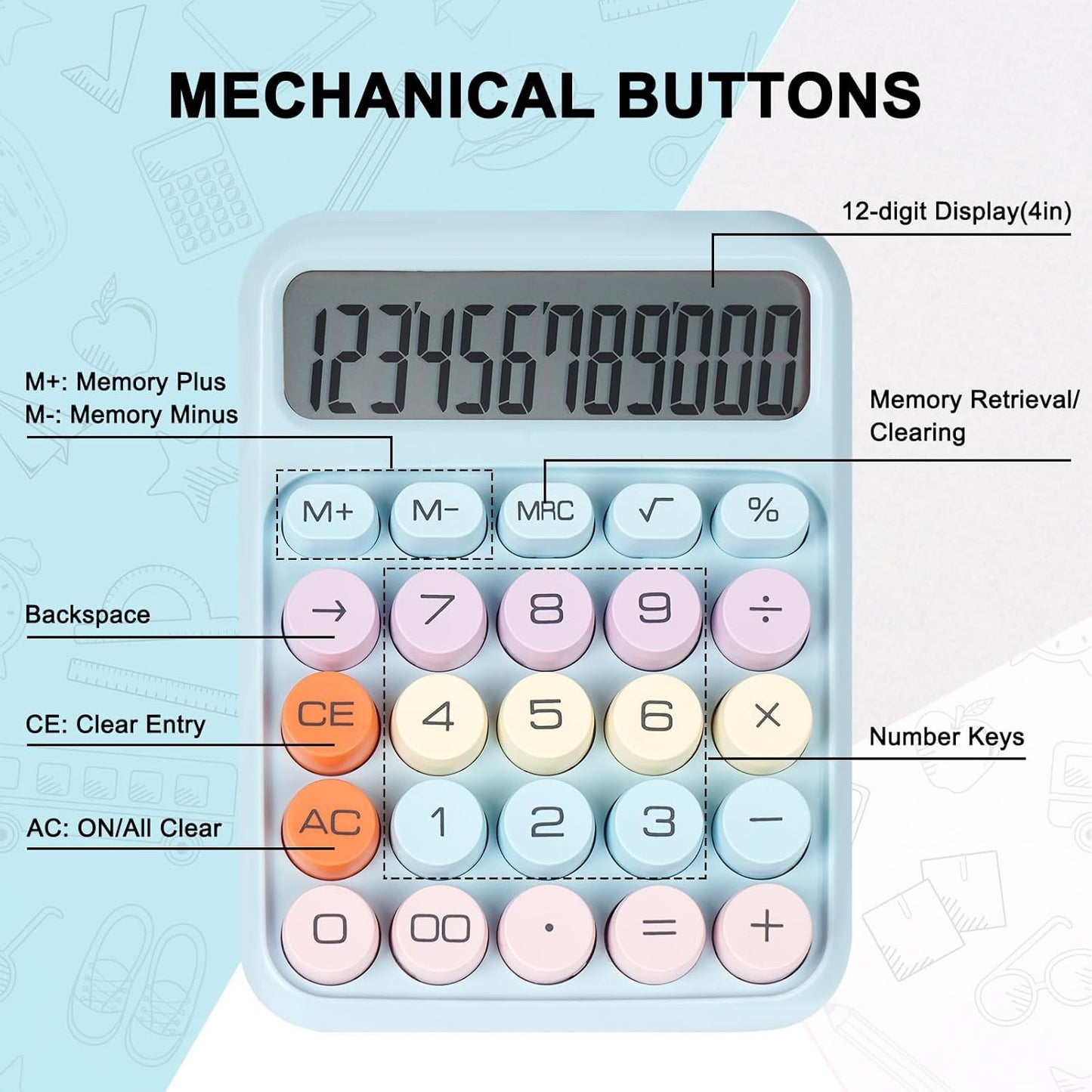 Skiennix Mechanical Switch Calculator - Large 12-Digit LCD Display | Cute Pink Design for Office & Students