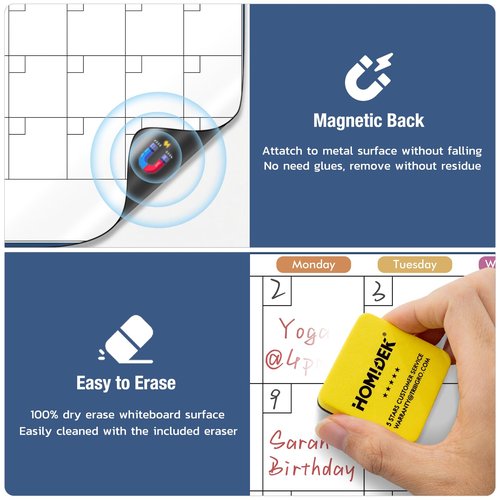 HOMiDEK Magnetic Dry Erase Calendar for Refrigerator - Large Fridge Whiteboard Calendar - Magnet Monthly Planner Family Planning Board with Dry Erase Markers & Eraser - 17.5 x 17.5 Inches