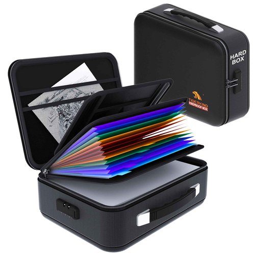 TIGERKING Fire Proof Document Safe Box with Lock and Handle – Fireproof Document Box Organizer with Hard Shell, Portable Fireproof Safe for Home Documents, Certificates, Laptop, and File Storage-Black