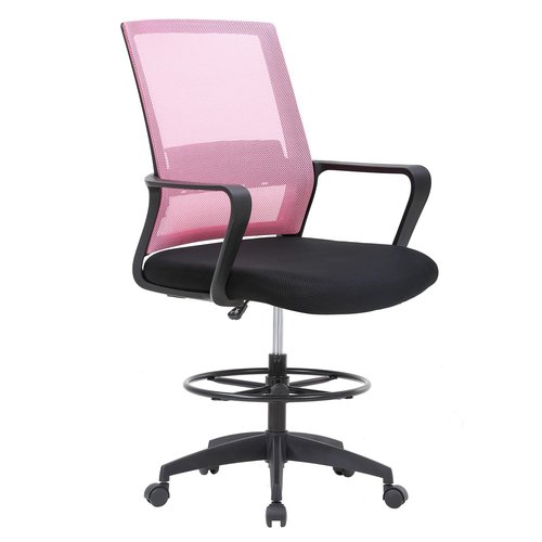 Drafting Chair Tall Office Chair Adjustable Swivel Rolling Mesh Height with Lumbar Support Arms Footrest Mid Back for Adults Standing Desk Drafting Stool(Light Pink)