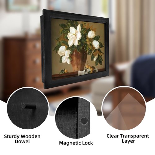 Hidden Gun Storage, Hidden Gun Safe for Pistols with Magnetic Lock, Solid Wooden Picture Frames for Handgun, Hidden Storage Gun Safe Home Furniture, Concealment Furniture Picture Frame Box, Black