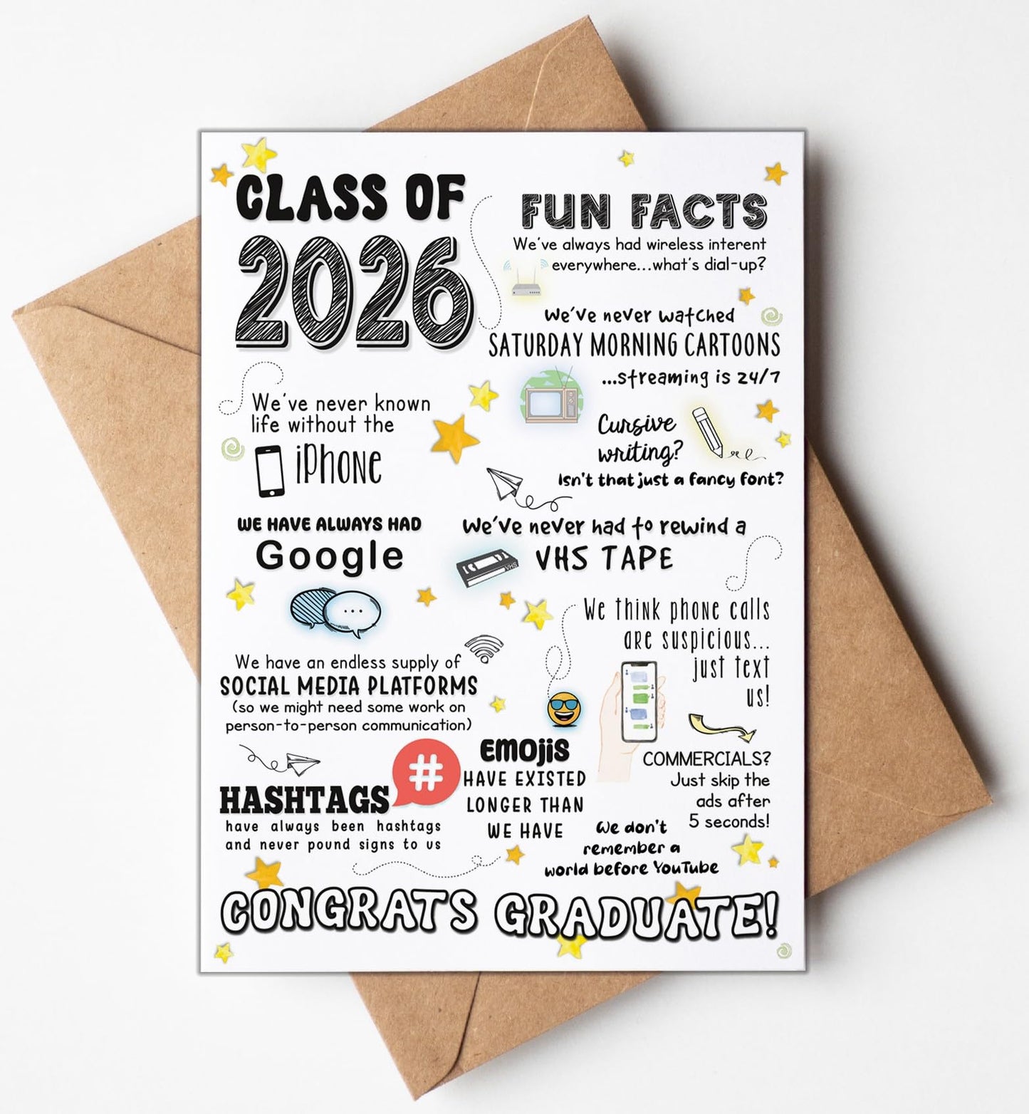 Katie Doodle 2026 Graduation Card - (Made in USA) - Funny High School Graduation Cards 2026, Class-of-2026 Cards (5x7 inch, Blank Inside) - Grad Gifts for Her, Him (Handmade) - Includes Envelope