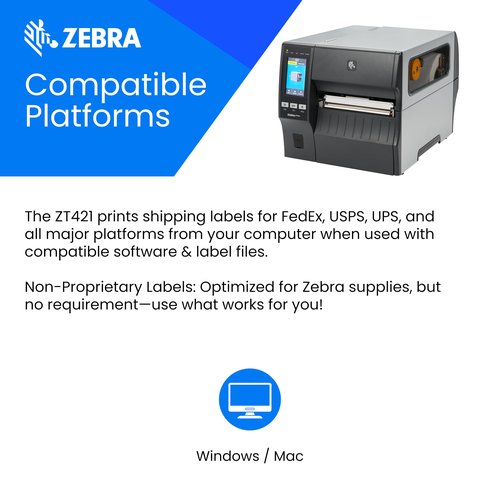 Zebra ZT421 Thermal Industrial Printer 6" | 203 DPI | No Ink Required | USB, Serial, Ethernet, Bluetooth 4.1, MFi | Touch Color LCD | Thermal Transfer | ZT42162-T010000Z