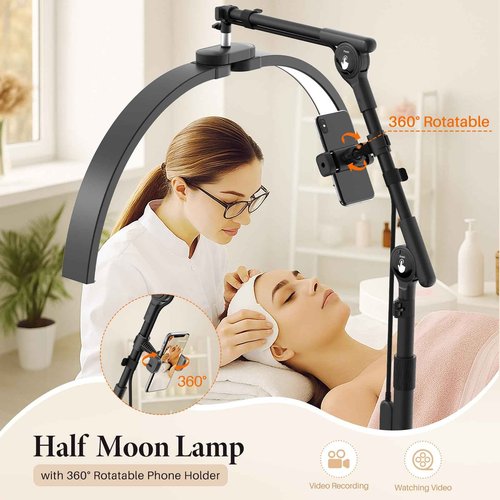 LIONVISON Half Moon Lash Lighting: Foldable Floor LED Lamp for Eyelash - 45W Portable Esthetician Light with Phone Holder for Lash Artist Tech Tattoo Salon