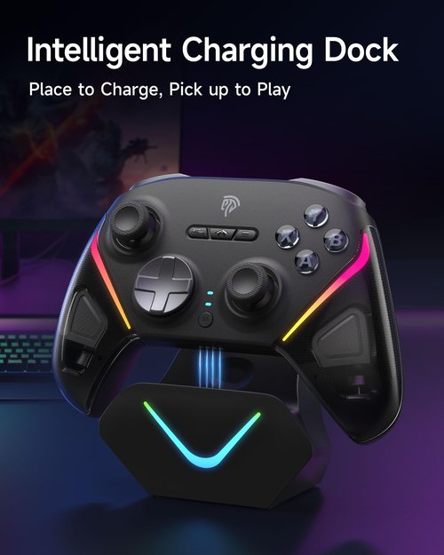 EasySMX D10 Wireless Gaming Controller – TMR Joysticks, Dual-Mode Triggers, Mechanical Keys, 1000Hz Polling, RGB – Bluetooth Gamepad for PC/Switch/Switch 2/iOS/Android TV with Charging Dock