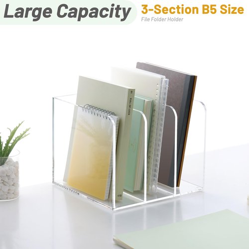 SANRUI Acrylic Magazine Holder Desk Organizer, Clear File Organizer with 3 Vertical Compartments, Magazine File Holder for Home Office, Classroom,B5 Size