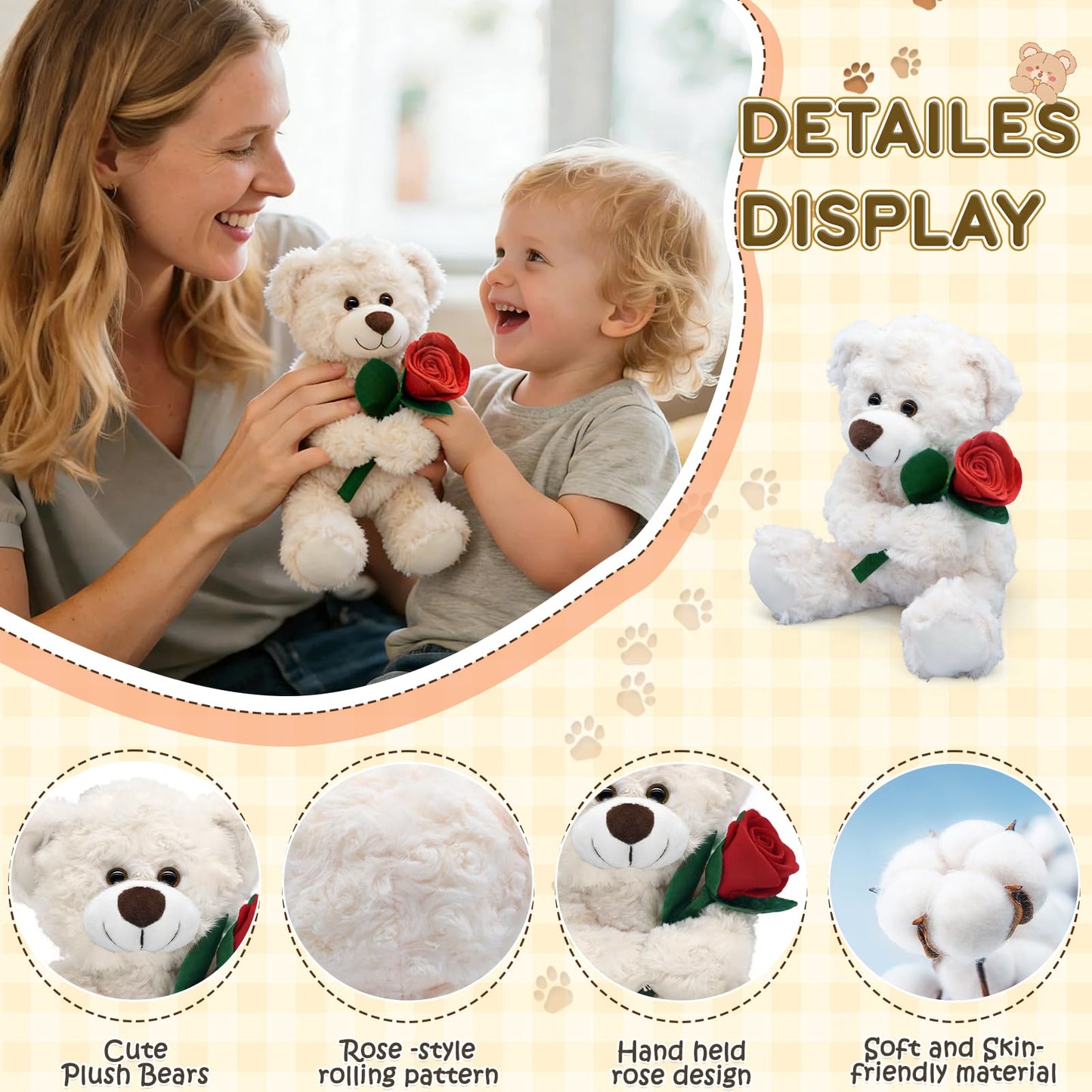 Bakalizoo 12'' Stuffed Teddy Bear Dolls with Rose, Soft Plush Animal Toys for Her/Girlfriend Lover Mom Kids Gifts (White/Rose)