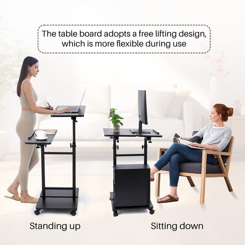 Hovadova Mobile Laptop Stand Desk, Standing or Sitting Rolling Computer Cart with Tower Stand, Adjustable Height 27.5" to 47.2" Portable Laptop Table Home Office Computer Workstation, Locking Wheels