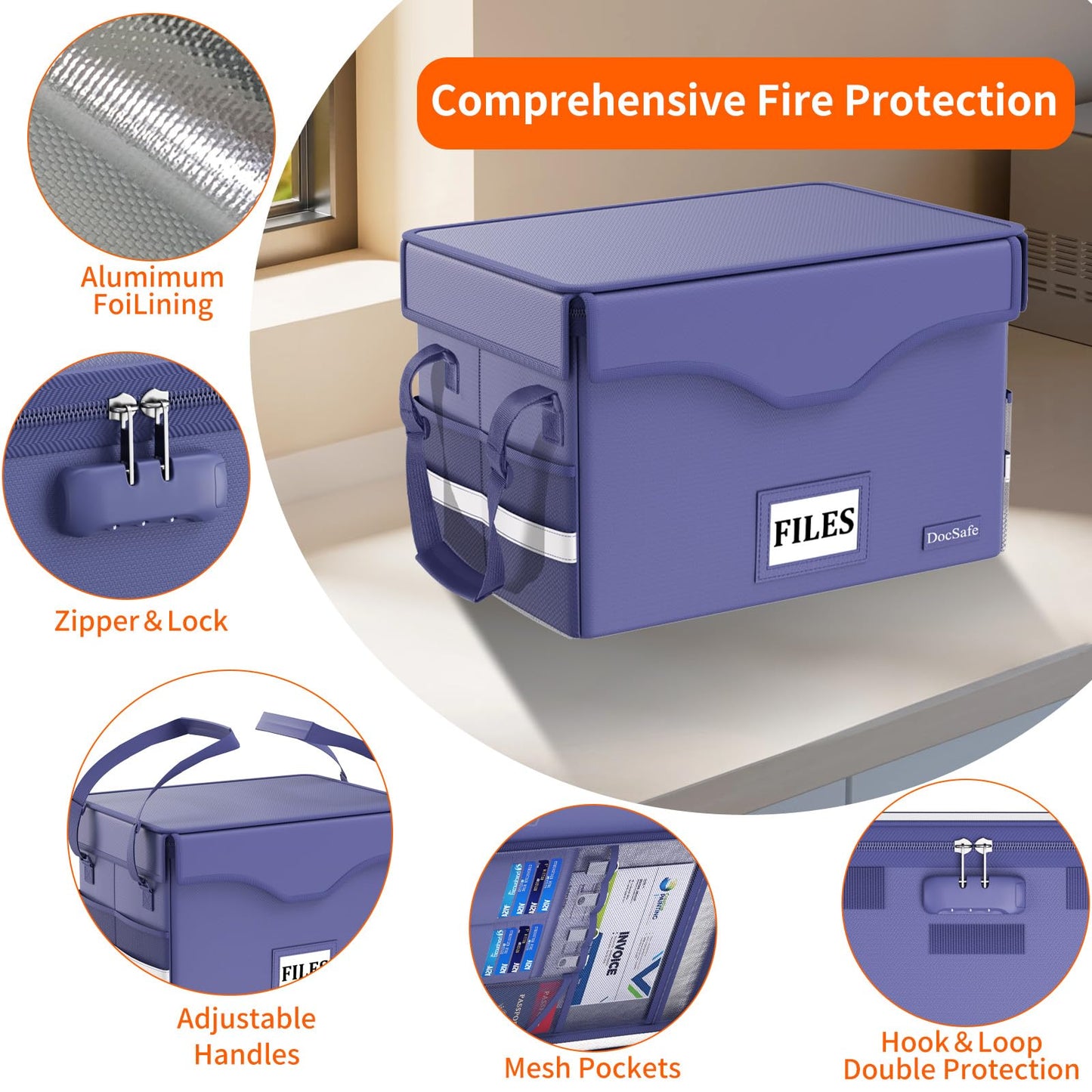 DocSafe 5200°F Fireproof Document Box with Lock,Heat Insulated File Organizer Storage with Pockets,Collapsible Portable Home Office File Safe Box with Handle for Hanging Letter/Legal Folders, Blue