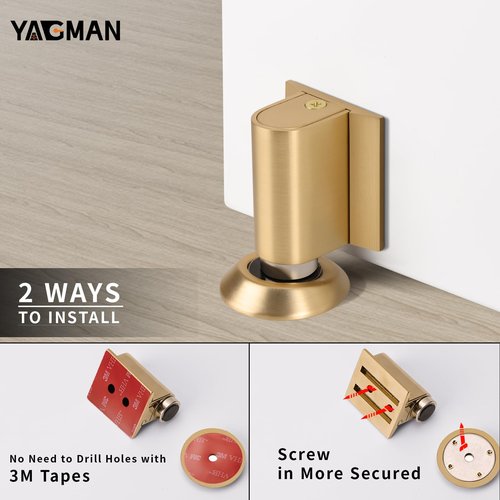 Yagman 3 Pack Magnetic Door Stoppers Retractable Bottom of Door Holder No Drilling Mount Floor Door Stop with Screws and Adhesive Catch Door Keep Door Open Brushed Gold BG-3