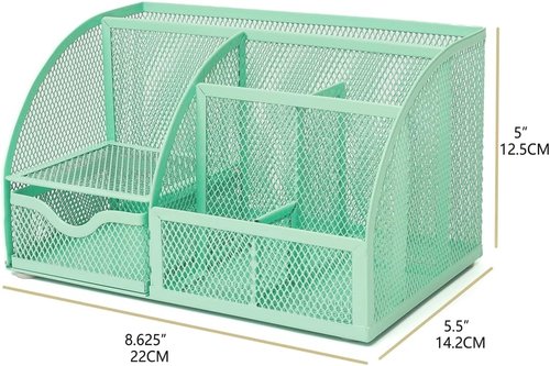 Annova Mesh Desk Organizer - 7 Compartments & Drawer | Multifunctional Office Tidy in Green