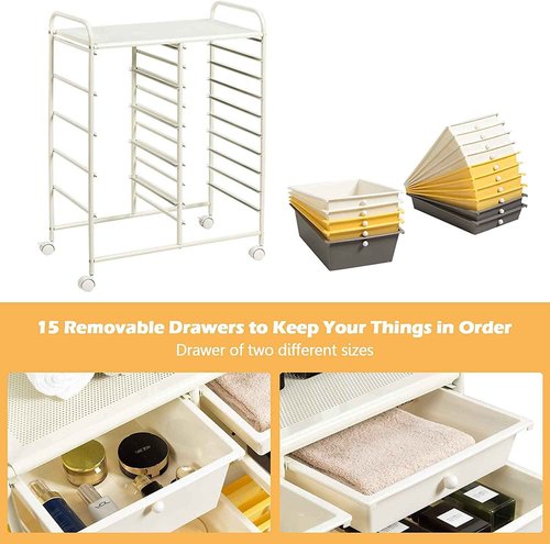 15-Drawer Storage Cart, Mobile Rolling Utility Cart w/Wheels, Multipurpose Organizer Cart for Tools, Scrapbook, Paper, Ideal for Home Office School (Yellow)