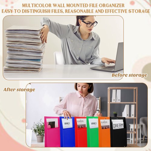 Teling 6-Piece Wall Mount File Holder No Drilling, 6 Colors: Red, Green, Blue, Black, Orange, Rose Red - Polypropylene (PP) Material - Wall Organizer, Letter Holder for Home, Office, School Supplies