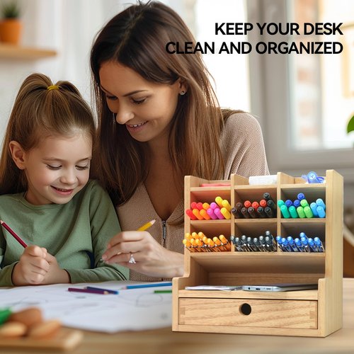 KIRIGEN Wood Desk Pen Holder Organzier with Drawer Multi Functional Pens Storage Organizer with 9 Compartments for Home, Office and Desk Accessories BJH9G-NA