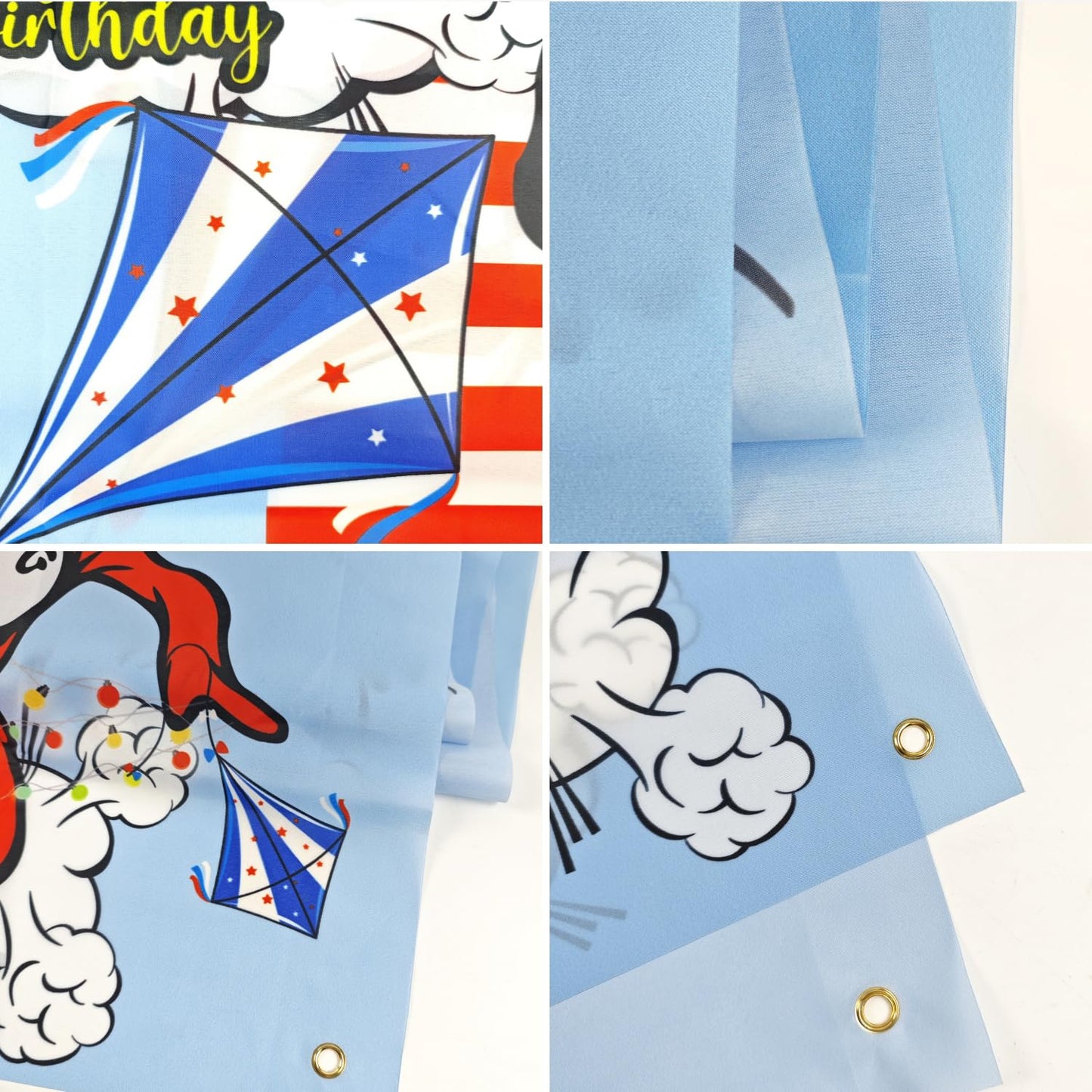 Happy Birthday Backdrop Banner 70.8X43.3 inches, Red and Blue Stripes Cartoon Window Kite Photography Background for Cat in The Hat Birthday Decoration