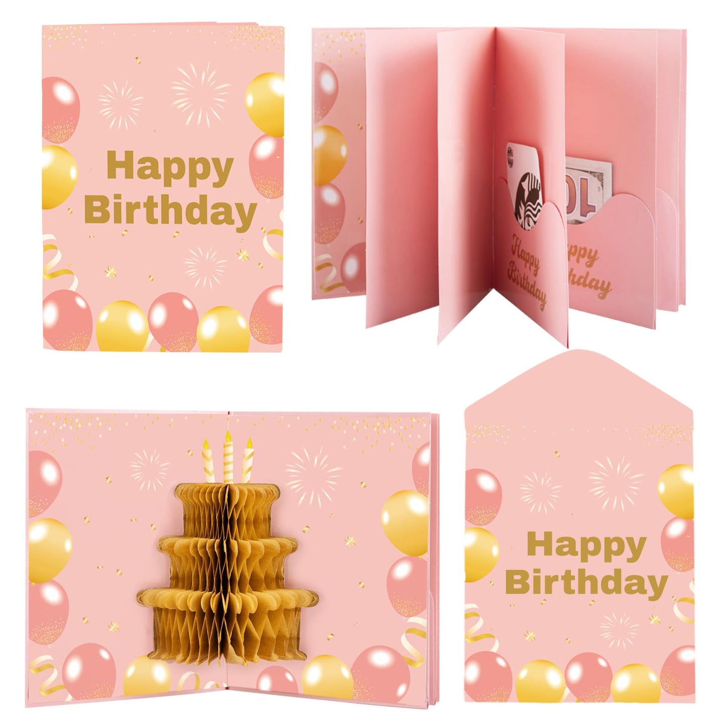 6 Slots 3D Happy Birthday Gift Card Booklet with Envelopes 3D Honeycomb Birthday Money Holder for Cash Gifts Surprise Money Card Sleeves Book Money Gift Ideas for Teacher Employee Friends (Pink)