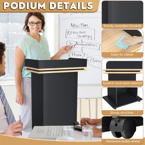 Vakiorn 43" Wood Podium Stand with 3 Levels of Storage, Portable Lectern with Wheels, Floor Standing Customer Reception Podiums Mic Stand Desk for Churches, Office, School,Conference, Auditorium