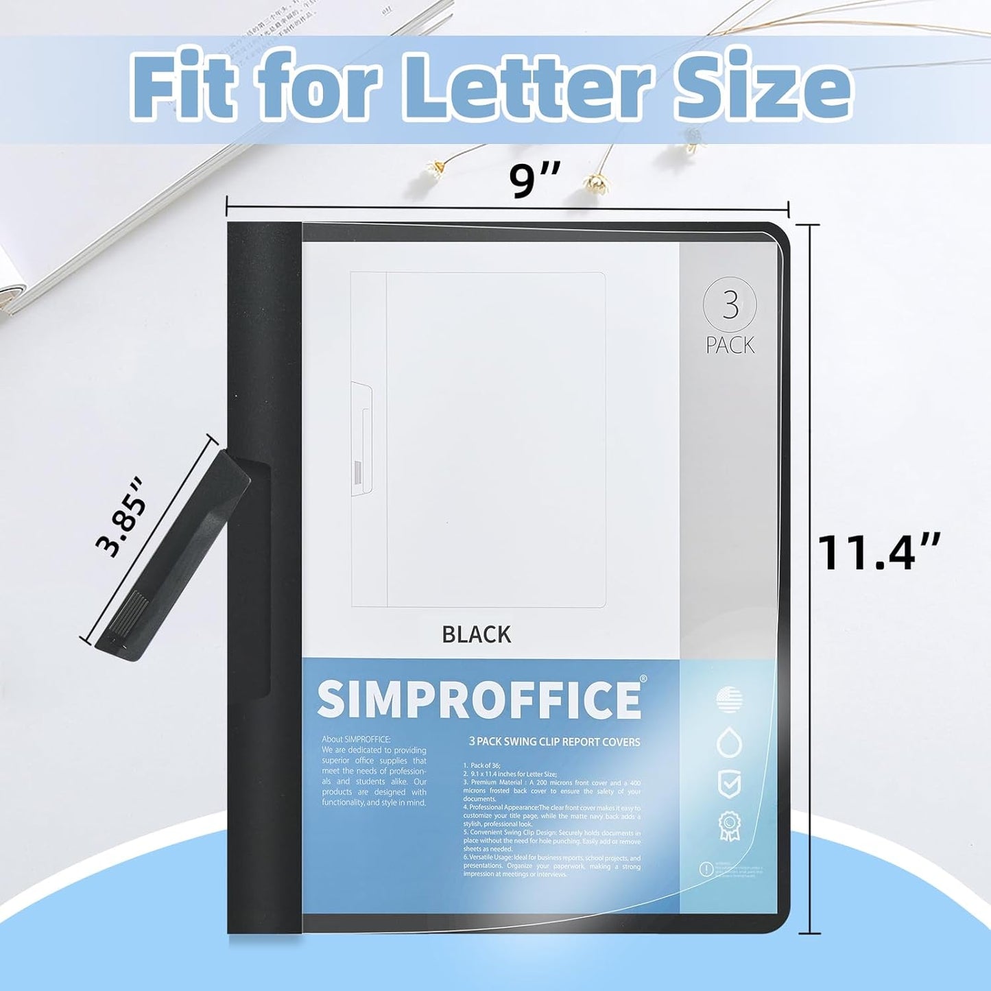 Swing Clip Report Covers - Professional Presentation Folders | Black, Clear Cover, 9 x 11.4 Inches, 3 Pack