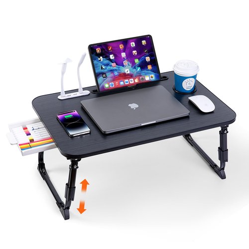 Laptop Desk for Bed, Height Adjustable Laptop Bed Table, Foldable Portable Lap Desk Stand with USB/Storage Drawer/Cup Holder/Slot, Breakfast Tray for Working Reading Writing Eating, Black