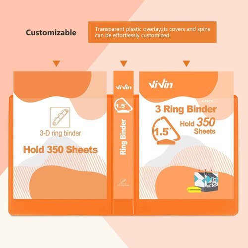 ViVin Sturdy 1.5 Inch 3 Ring Binder with Pockets, Slant-D Ring, PVC-Free, Customizable Clear View Binder,Holds 350 Sheets of 8.5" x 11" Paper,6 Pack (Orange)