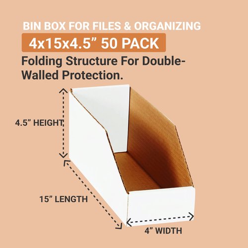 Aviditi Corrugated Cardboard Storage Bins, 4"x 15"x 4 1/2", White, Pack of 50, for Warehouse, Garage and Home Organization