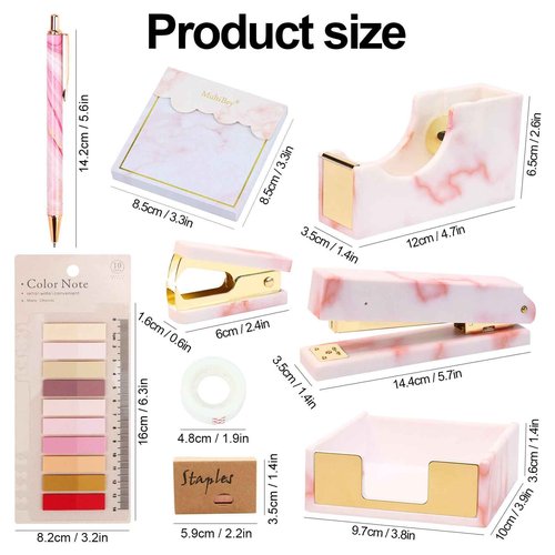 Pink Marble Desk Accessories Organizer Set of Stapler, Staple Remover, Tape Dispenser, Memo Pad Holder, Scissor, Ballpoint Pen, Binder Clips, Sticky Notes Office Supplies (Pink Marble)